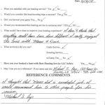 Completed Bars Hunting Service LLC questionnaire dated 8/16/10 with positive responses (satisfied, would use again, would recommend) and handwritten comments praising the guide—Marco and Dave.