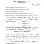 Licensed hunting service questionnaire form titled 'BARS HUNTING SERVICE, LLC' with date handwritten; contains multiple-choice and written answers about satisfaction, services used, and reference comments.