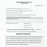 Printed reference letter form from BARS HUNTING SERVICE, LLC with questions about satisfaction, hunting experience, and a large Reference Comments box.